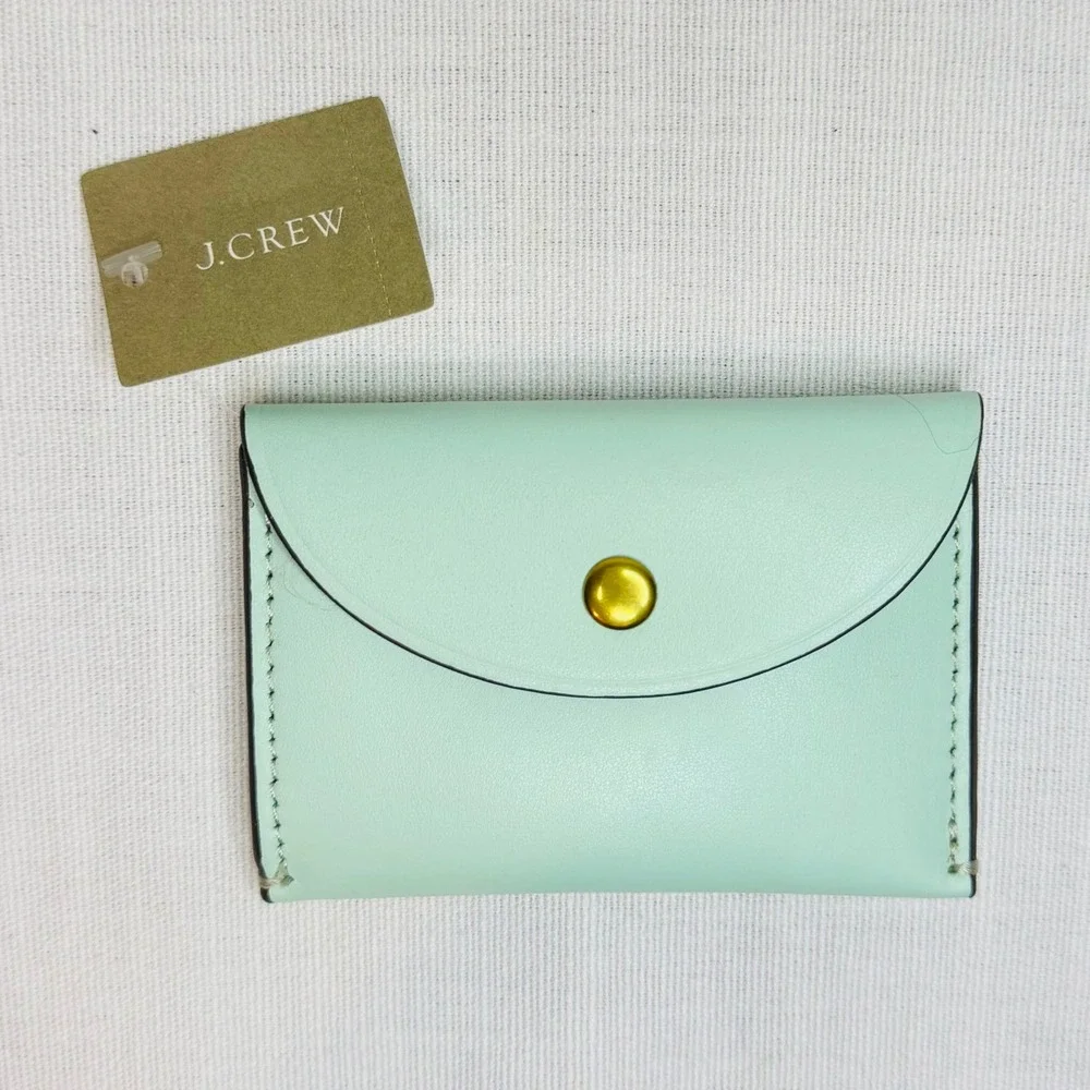 J.Crew Mint Green Leather Envelope Card Case Wallet Gold Snap New